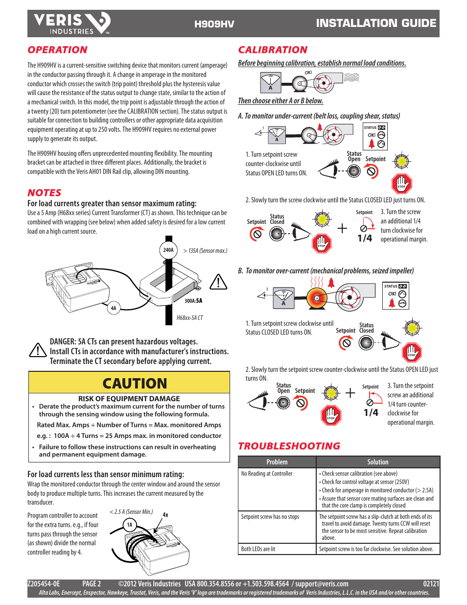 Caution, Installation guide, Operation | Calibration, H909hv, For load currents less than sensor minimum rating | Veris Industries H909HV Install User Manual | Page 2 / 2