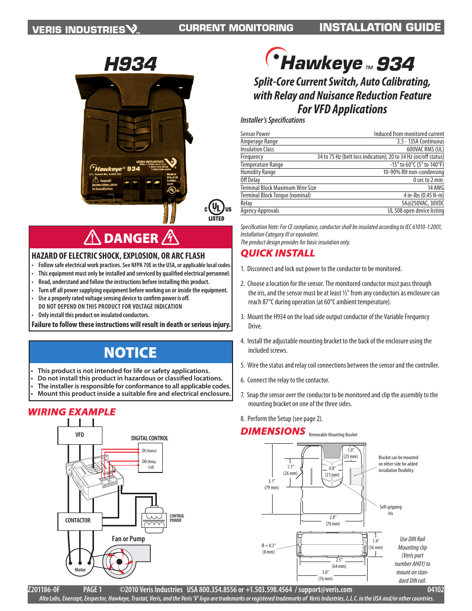 Veris Industries H934 Install User Manual | 2 pages