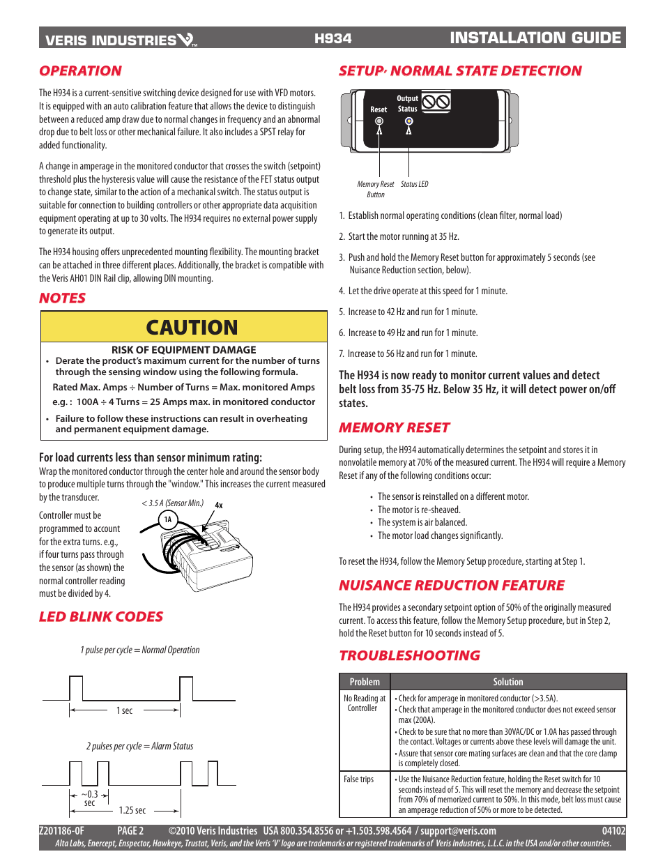 Caution, Installation guide, Operation | Led blink codes, Troubleshooting, Setup, normal state detection, Nuisance reduction feature | Veris Industries H934 Install User Manual | Page 2 / 2