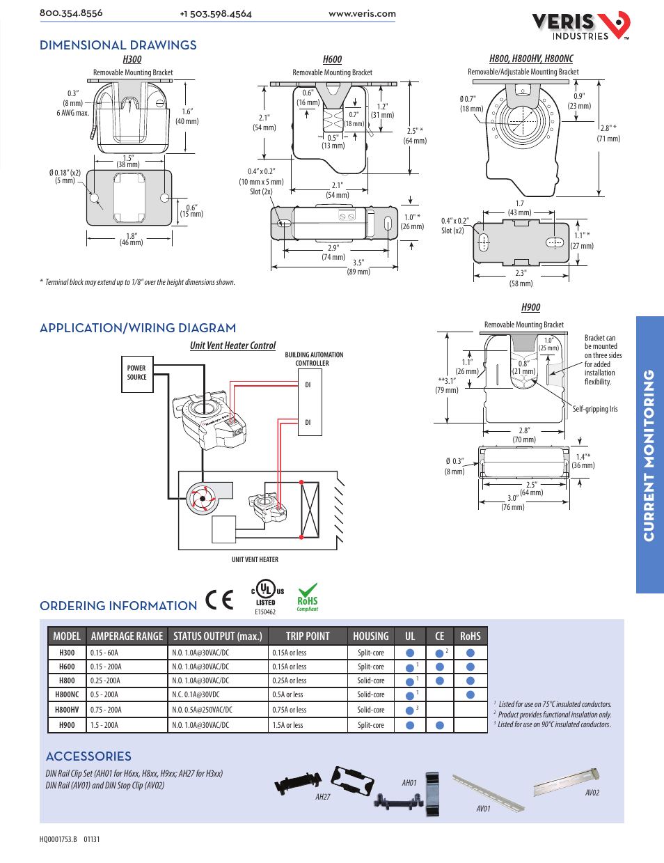 Current monit oring, Accessories, Dimensional drawings application/wiring diagram | Ordering information, Rohs | Veris Industries Hx00 SERIES Datasheet User Manual | Page 2 / 2
