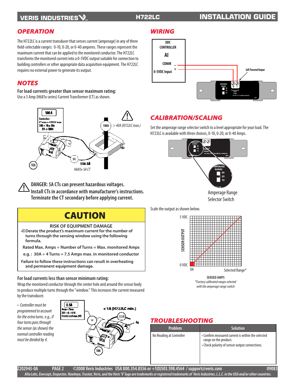 Caution, Installation guide, Operation | Calibration/scaling, Wiring, Veris industries, H722lc, Amperage range selector switch | Veris Industries H722LC Install User Manual | Page 2 / 2