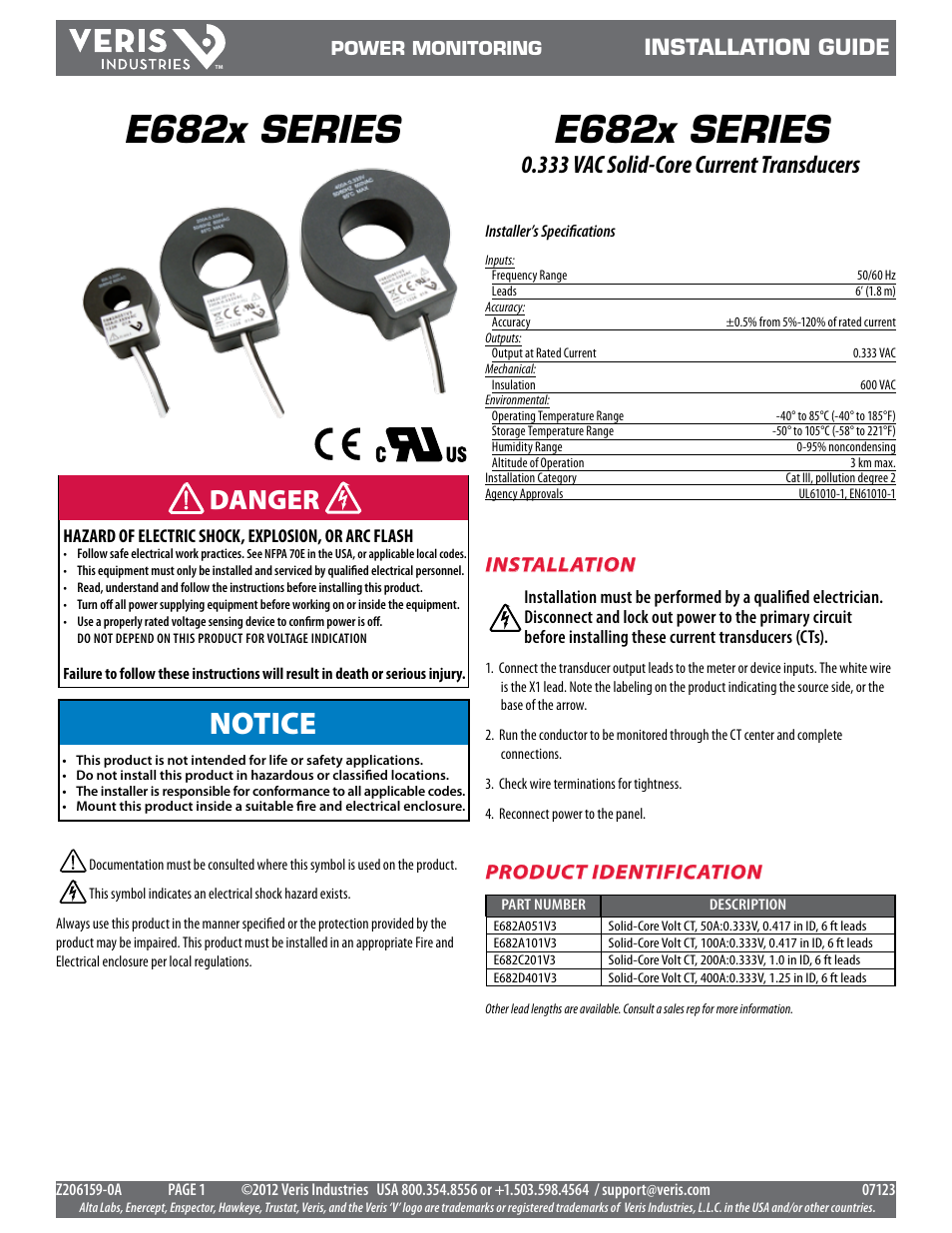 Veris Industries E682x SERIES Install User Manual | 2 pages