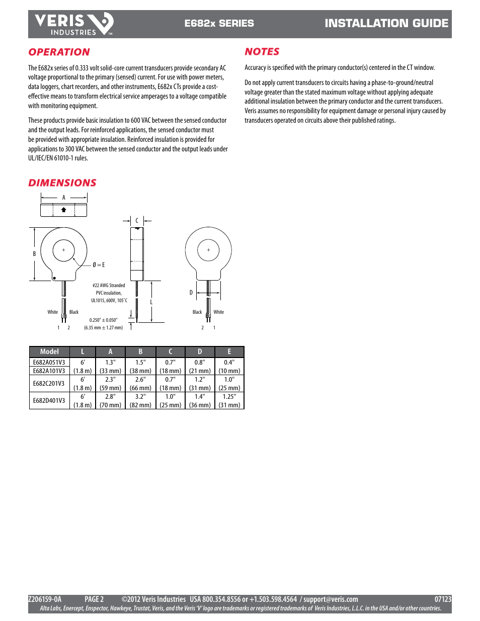 Installation guide, Operation, E682x series | Veris Industries E682x SERIES Install User Manual | Page 2 / 2