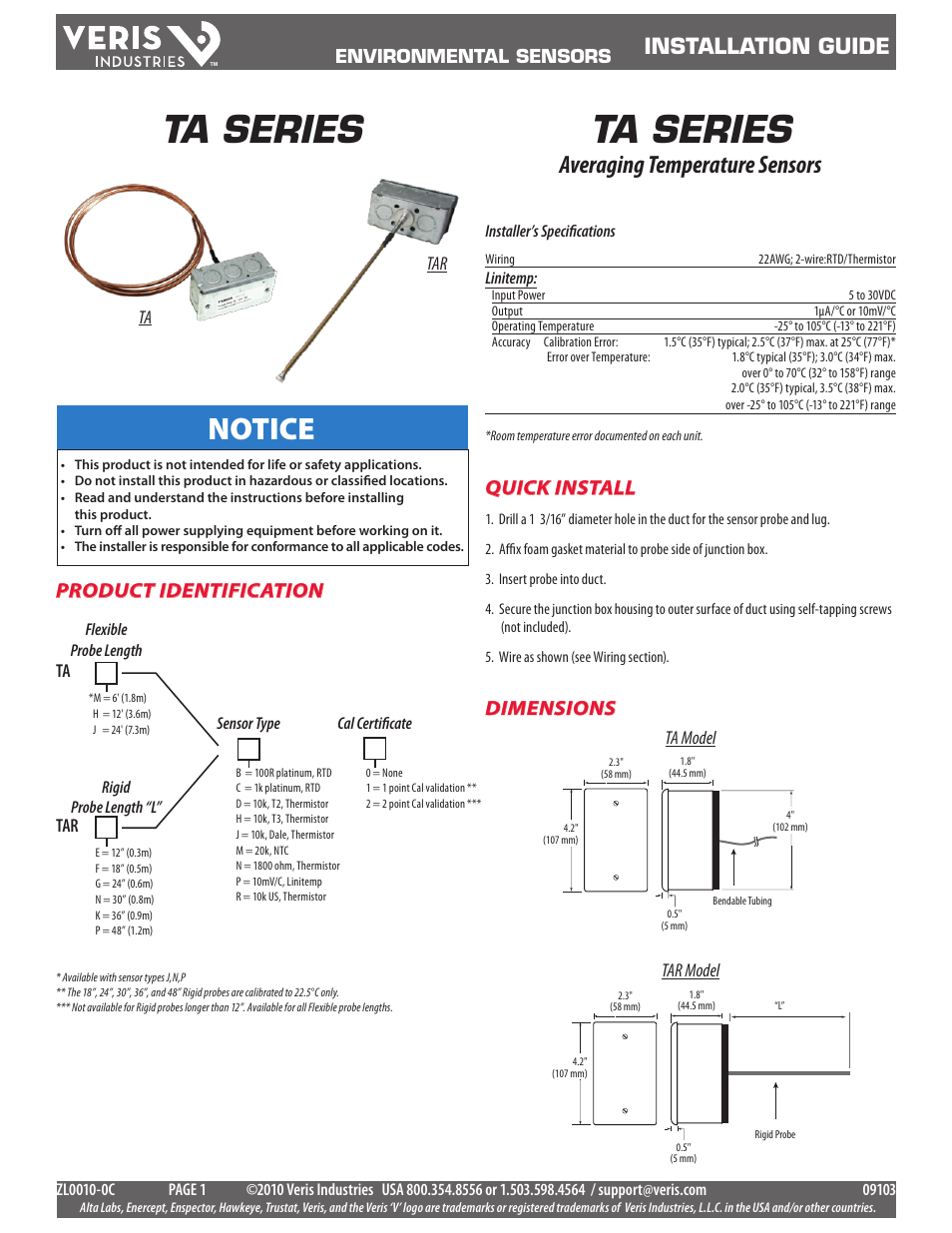 Veris Industries TA SERIES Install User Manual | 2 pages