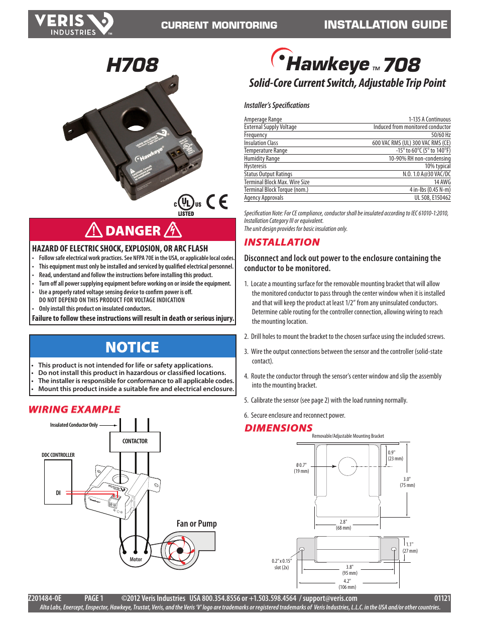 Veris Industries H708 Install User Manual | 2 pages