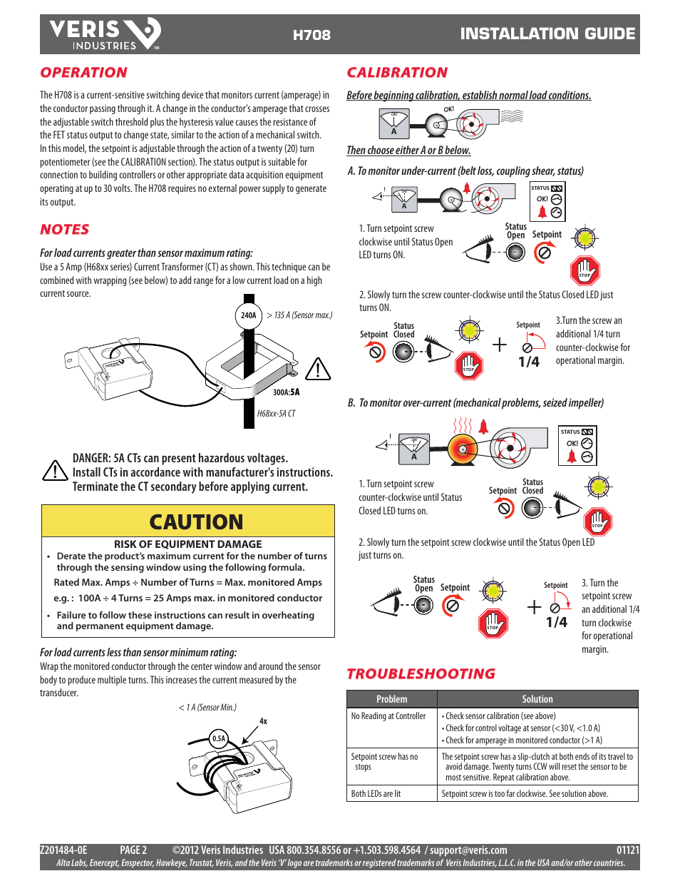 Caution, Installation guide, Operation | Troubleshooting, Calibration, H708 | Veris Industries H708 Install User Manual | Page 2 / 2