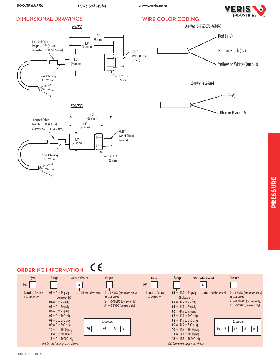 Pressure, Dimensional drawings, Wire color coding | Ordering information | Veris Industries PV SERIES Datasheet User Manual | Page 2 / 2