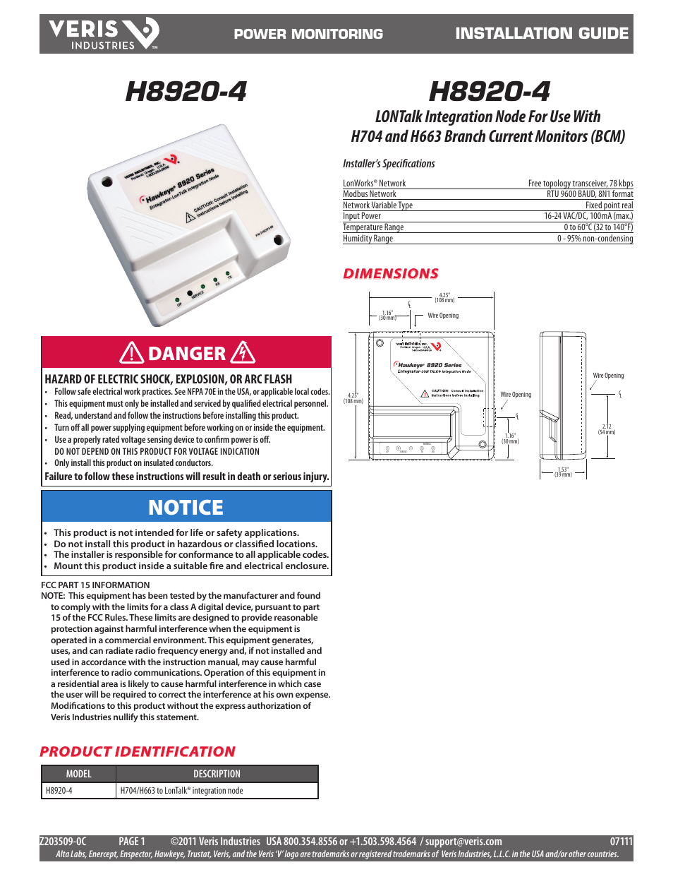 Veris Industries H8920-4 Install User Manual | 5 pages