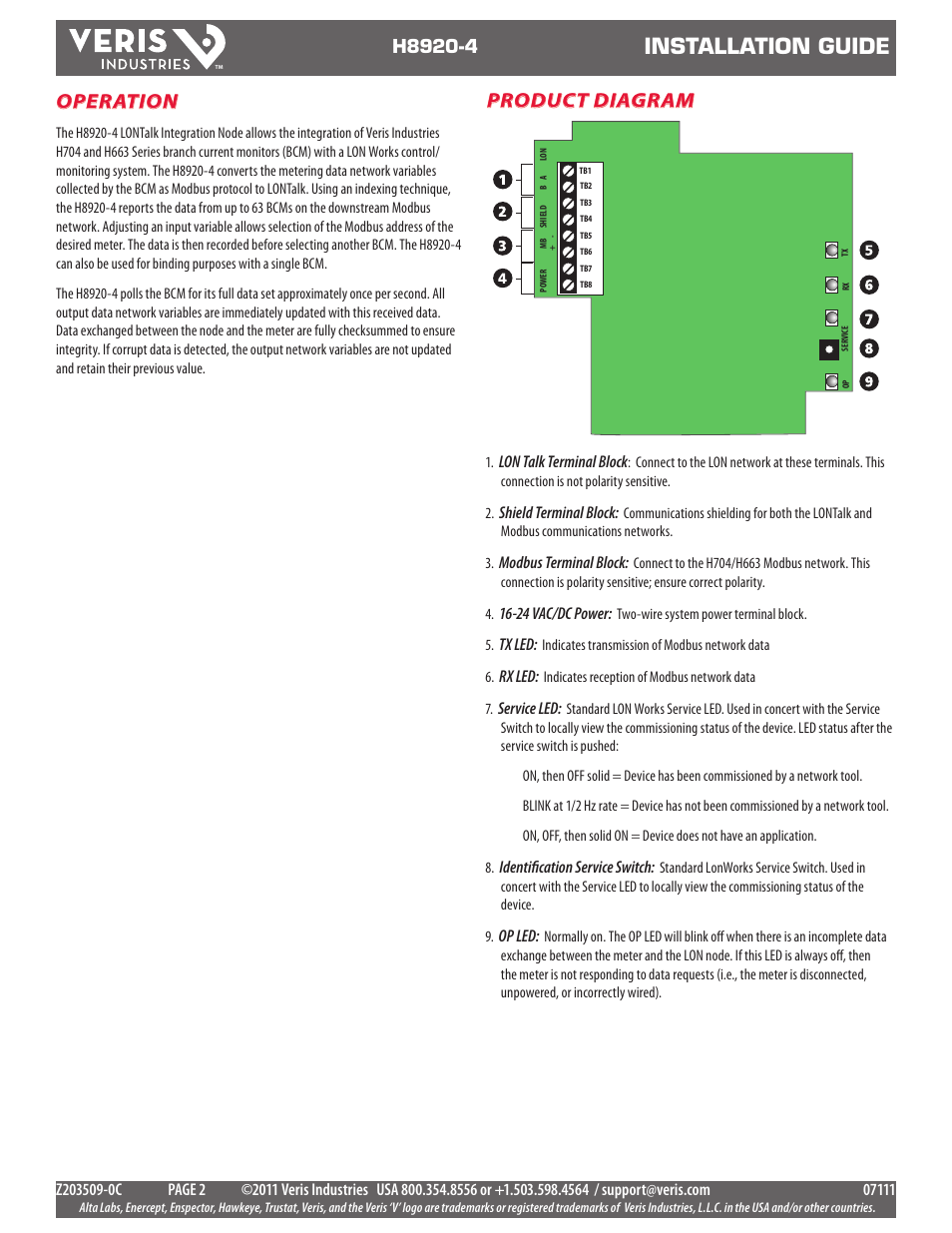 Installation guide, Operation, Product diagram | Veris Industries H8920-4 Install User Manual | Page 2 / 5