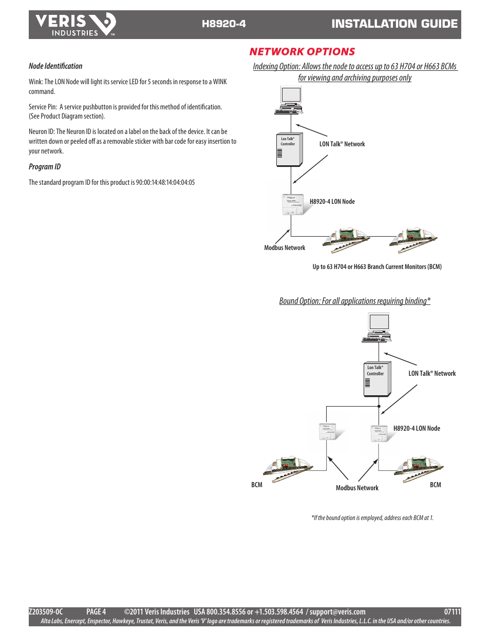 Installation guide, Network options | Veris Industries H8920-4 Install User Manual | Page 4 / 5