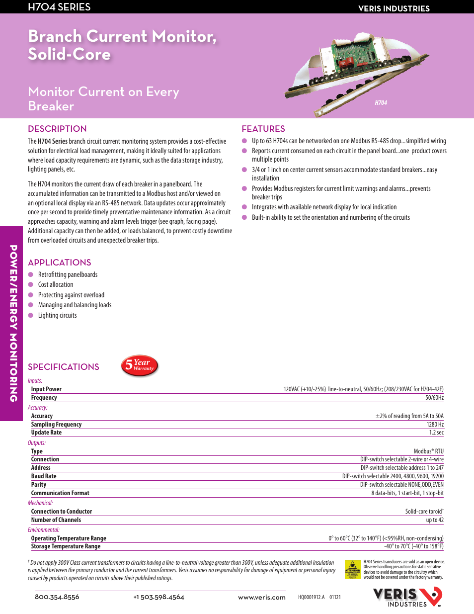 Veris Industries H704 SERIES Datasheet User Manual | 2 pages