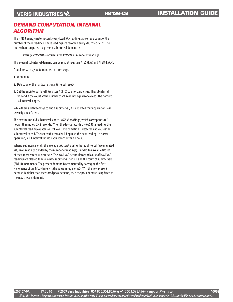 Installation guide, Demand computation, internal algorithm | Veris Industries H8126-CB Install User Manual | Page 10 / 10
