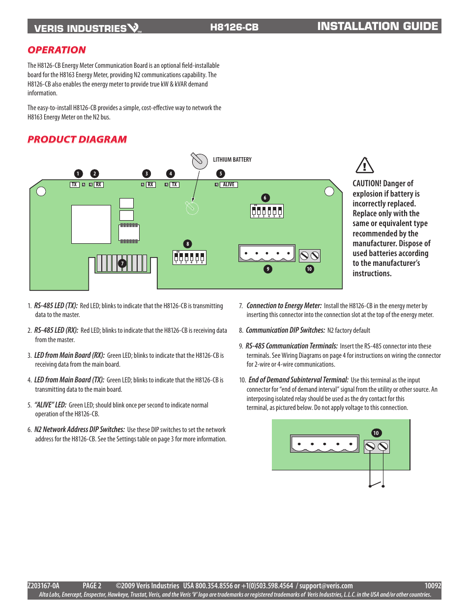 Installation guide, Operation, Product diagram | Veris Industries H8126-CB Install User Manual | Page 2 / 10
