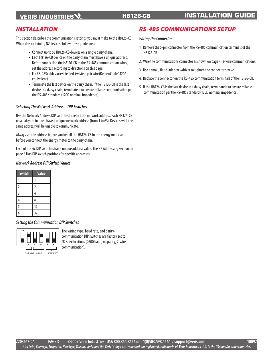 Installation guide, Installation, Rs-485 communications setup | Veris Industries H8126-CB Install User Manual | Page 3 / 10
