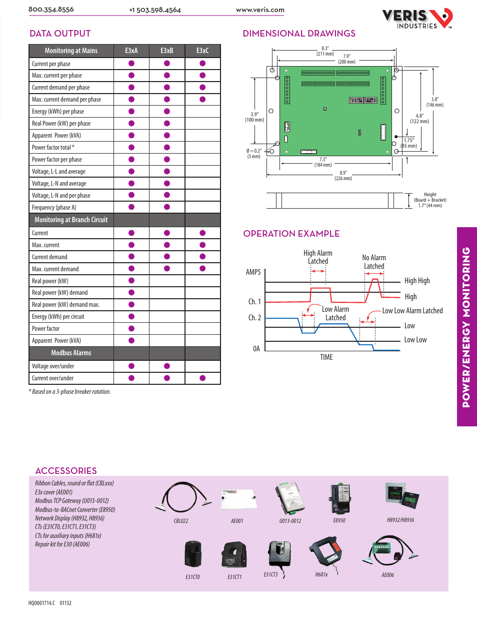 Po wer/ener g y monit oring, Data output, Dimensional drawings | Operation example accessories | Veris Industries E3x SERIES Datasheet User Manual | Page 2 / 4