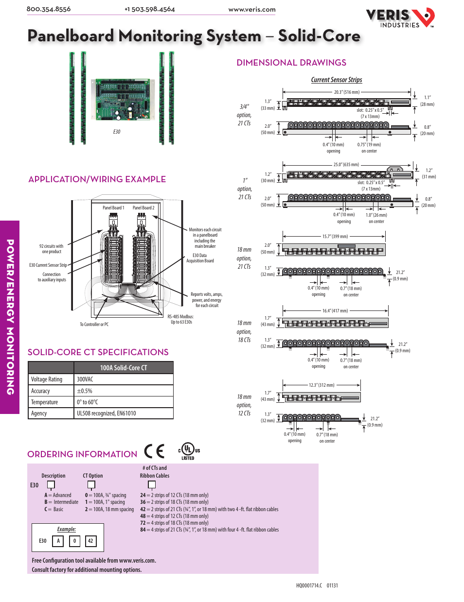 Panelboard monitoring system – solid-core, Po wer/ener g y monit oring, Dimensional drawings application/wiring example | Ordering information, Solid-core ct specifications | Veris Industries E3x SERIES Datasheet User Manual | Page 3 / 4