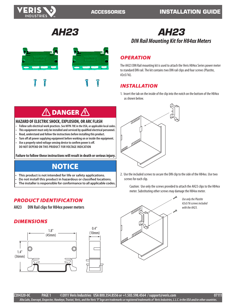 Veris Industries AH23 Install User Manual | 1 page
