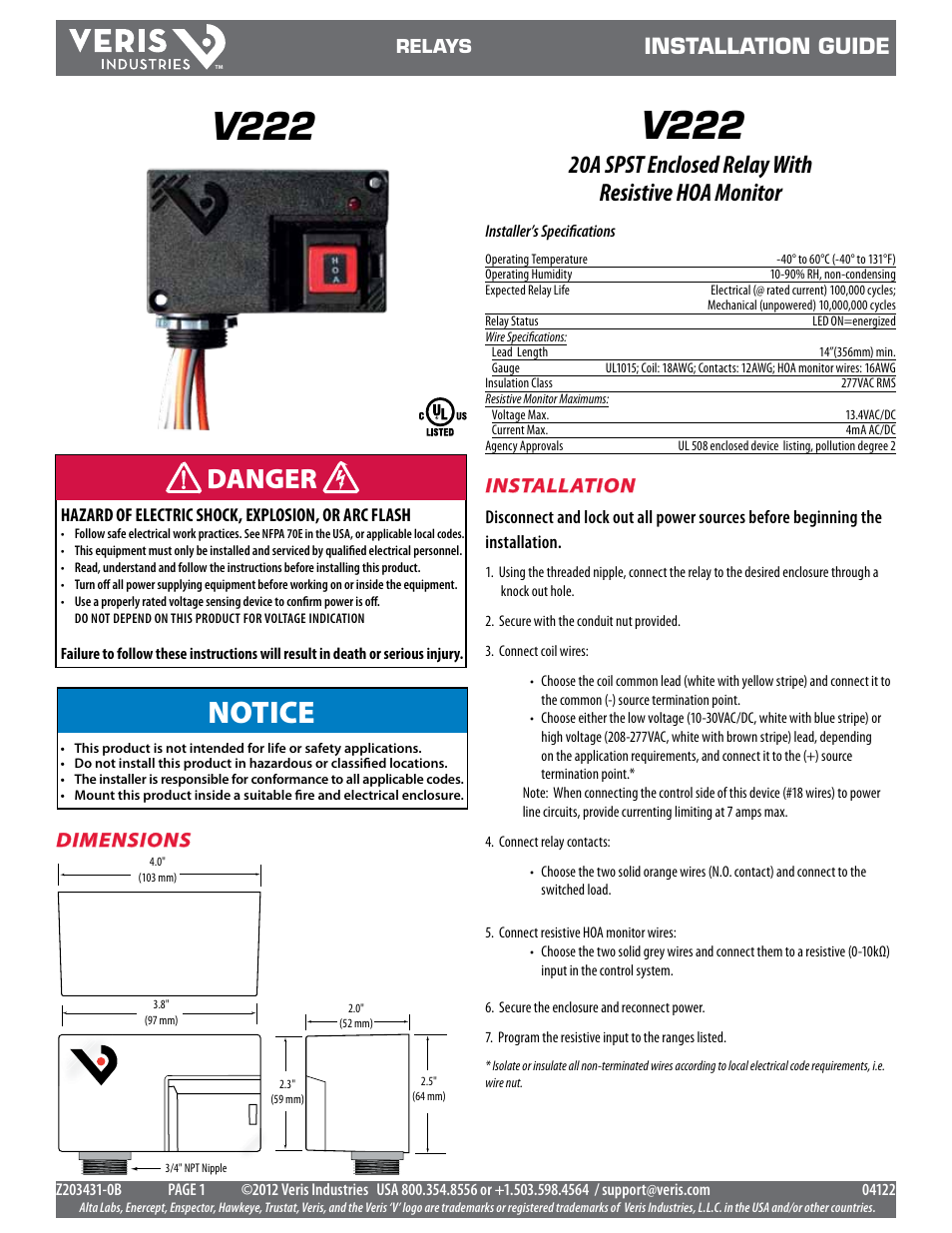 Veris Industries V222 Install User Manual | 2 pages