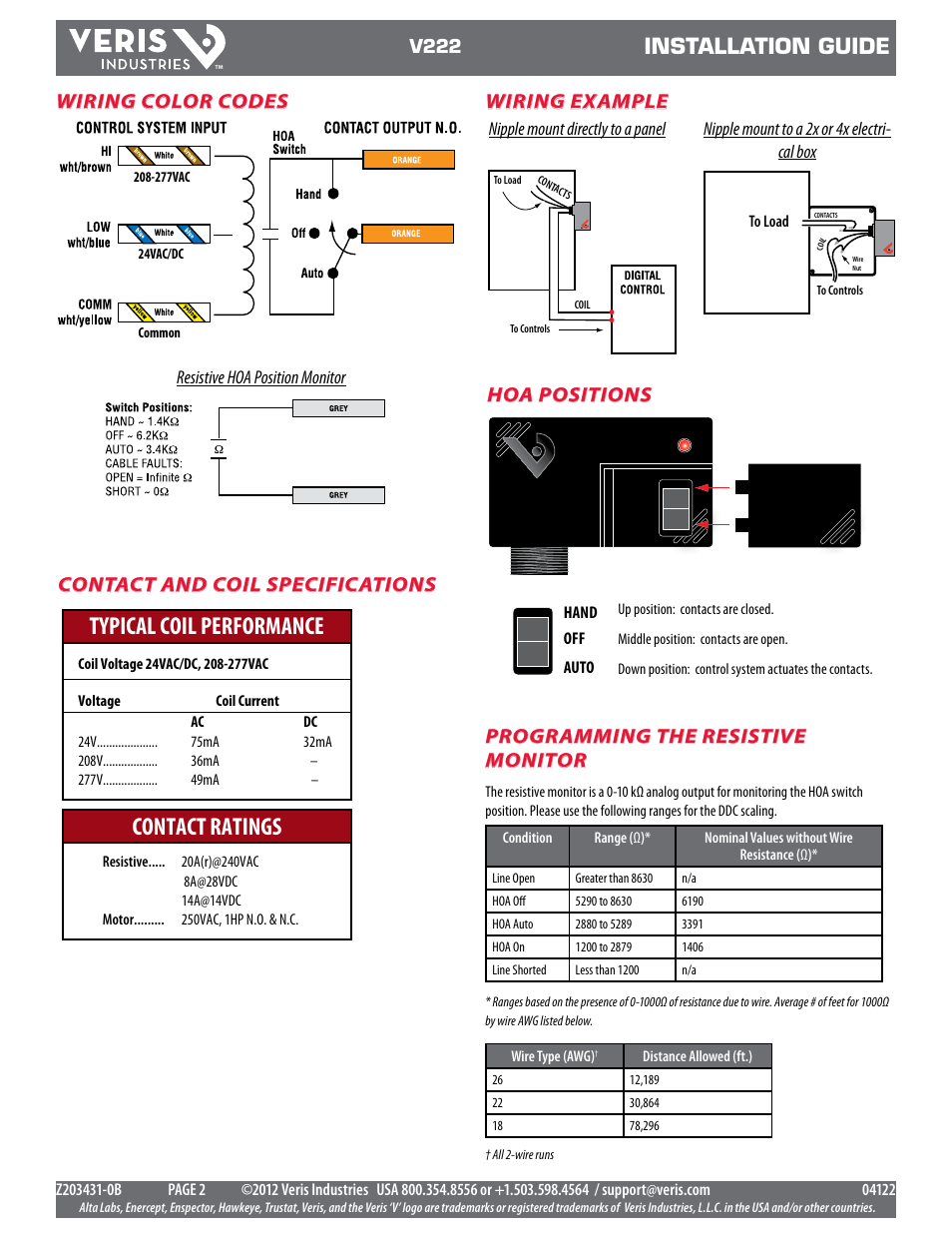 Typical coil performance contact ratings, Installation guide, Wiring color codes contact and coil specifications | Hoa positions wiring example, Programming the resistive monitor | Veris Industries V222 Install User Manual | Page 2 / 2