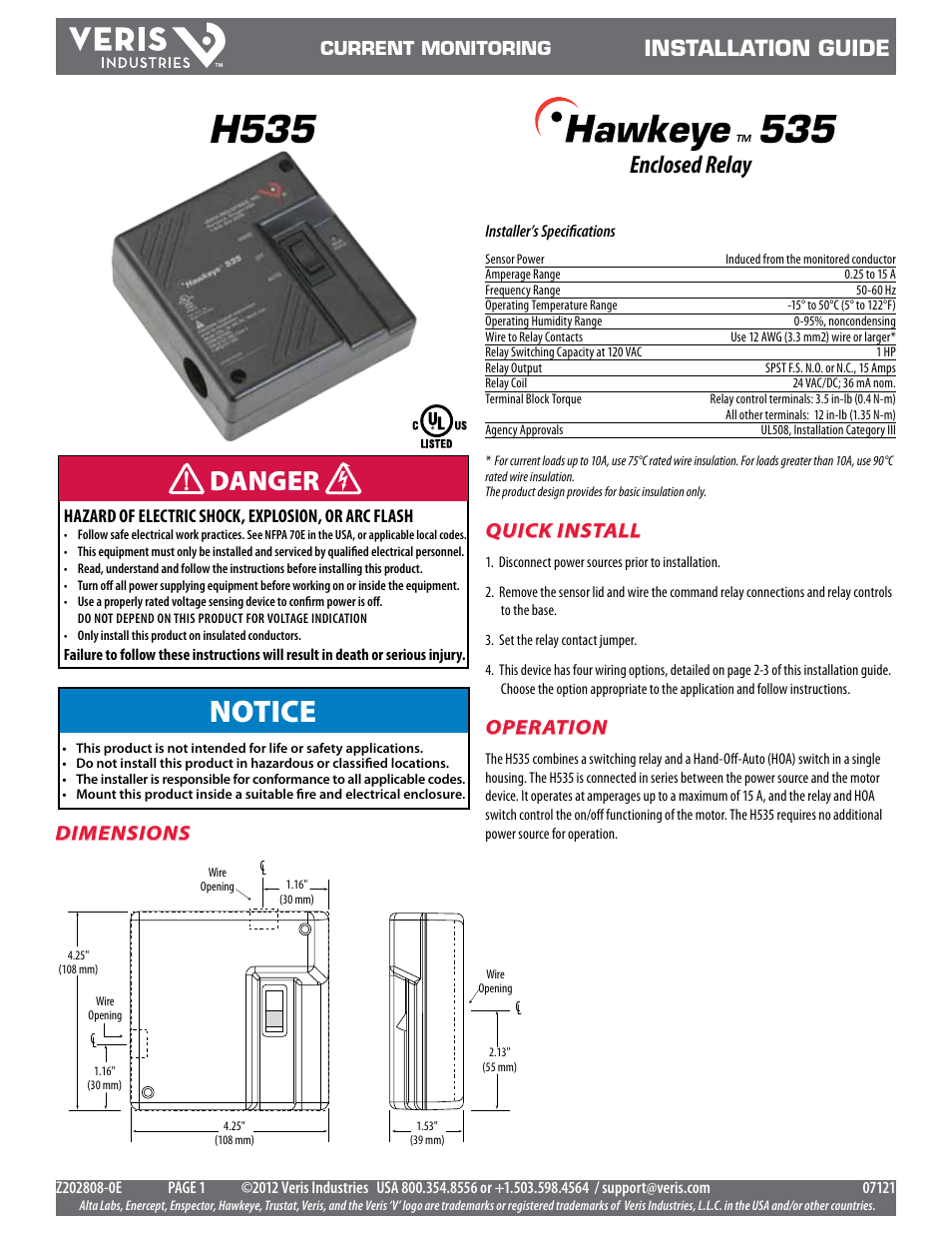 Veris Industries H535 Install User Manual | 3 pages