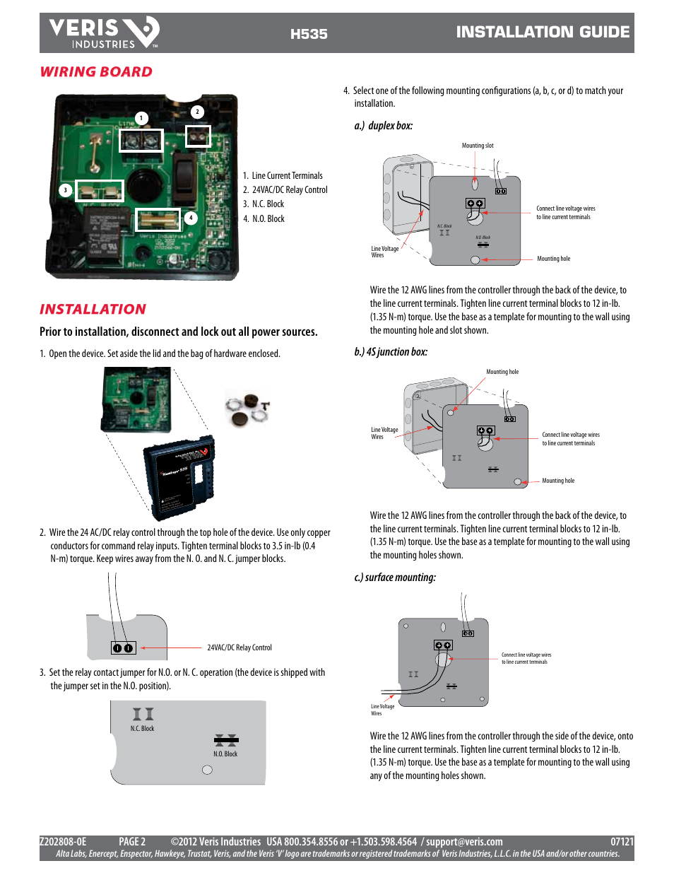 Installation guide, Installation, Wiring board | H535, A.) duplex box, B.) 4s junction box, C.) surface mounting | Veris Industries H535 Install User Manual | Page 2 / 3