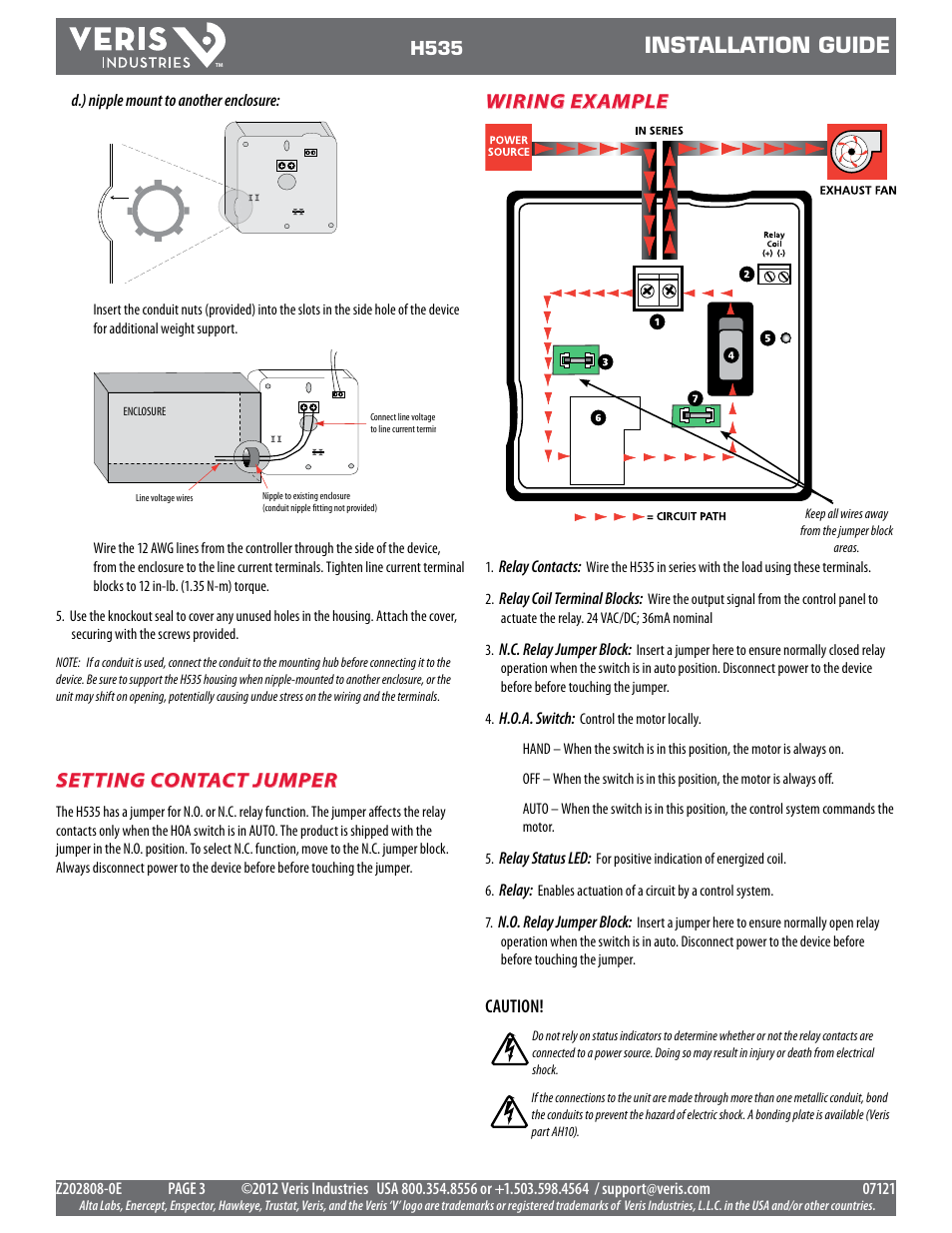 Installation guide, Wiring example, Setting contact jumper | Veris Industries H535 Install User Manual | Page 3 / 3
