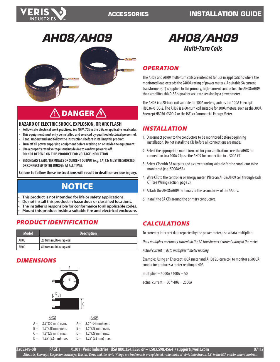 Veris Industries AH09 Install User Manual | 2 pages