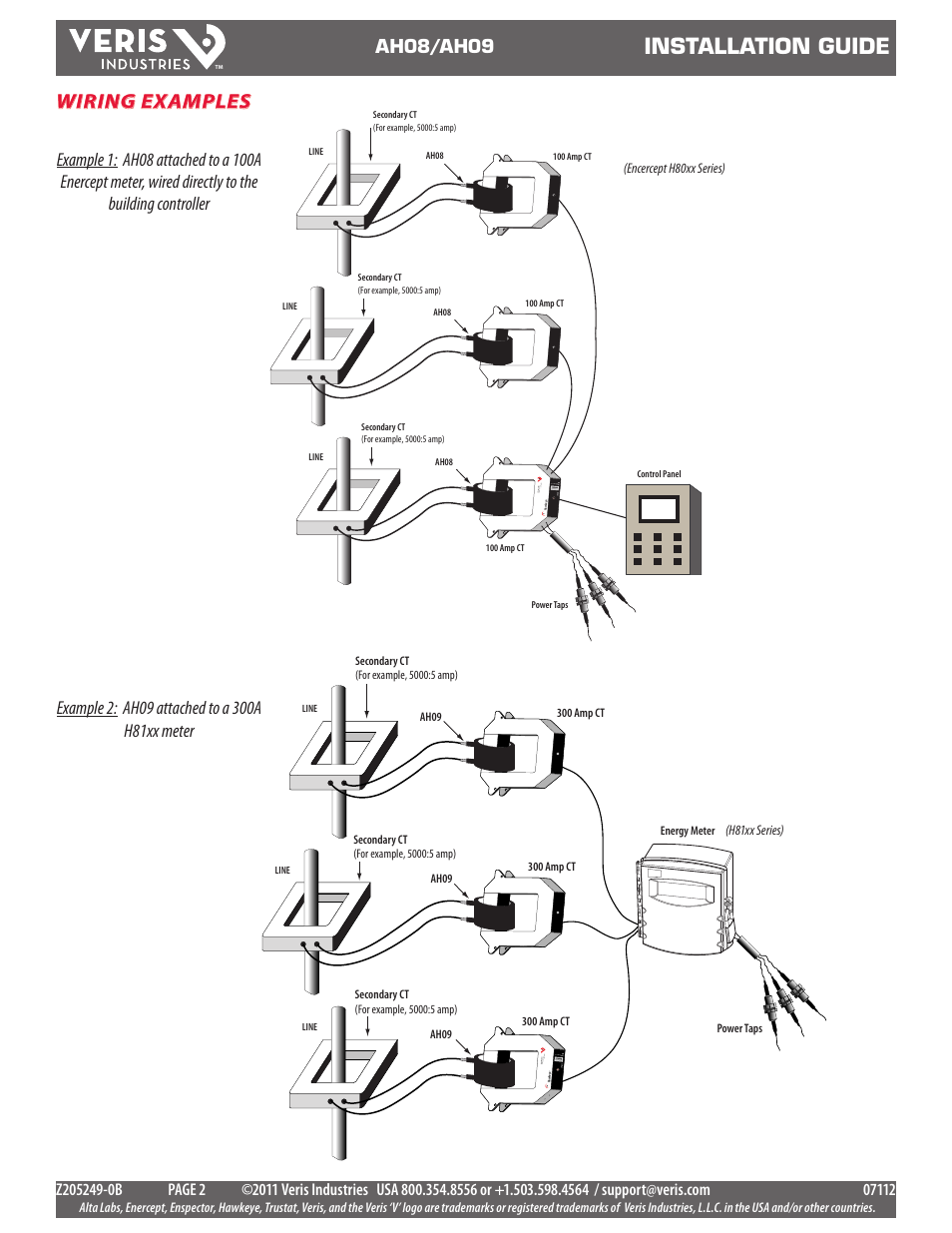 Installation guide, Wiring examples, Ah08/ah09 | Veris Industries AH09 Install User Manual | Page 2 / 2