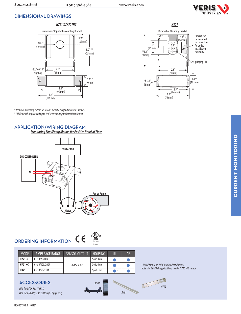 Current monit oring, Dimensional drawings, Application/wiring diagram | Ordering information, Accessories, Model amperage range sensor output housing ul ce | Veris Industries H721 SERIES Datasheet User Manual | Page 2 / 2