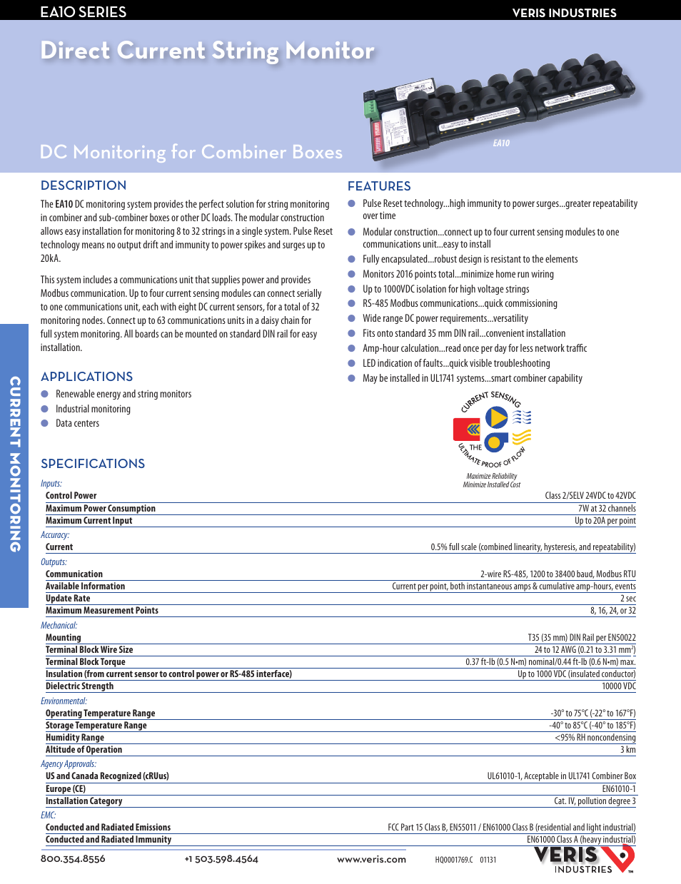 Veris Industries EA10 SERIES Datasheet User Manual | 2 pages
