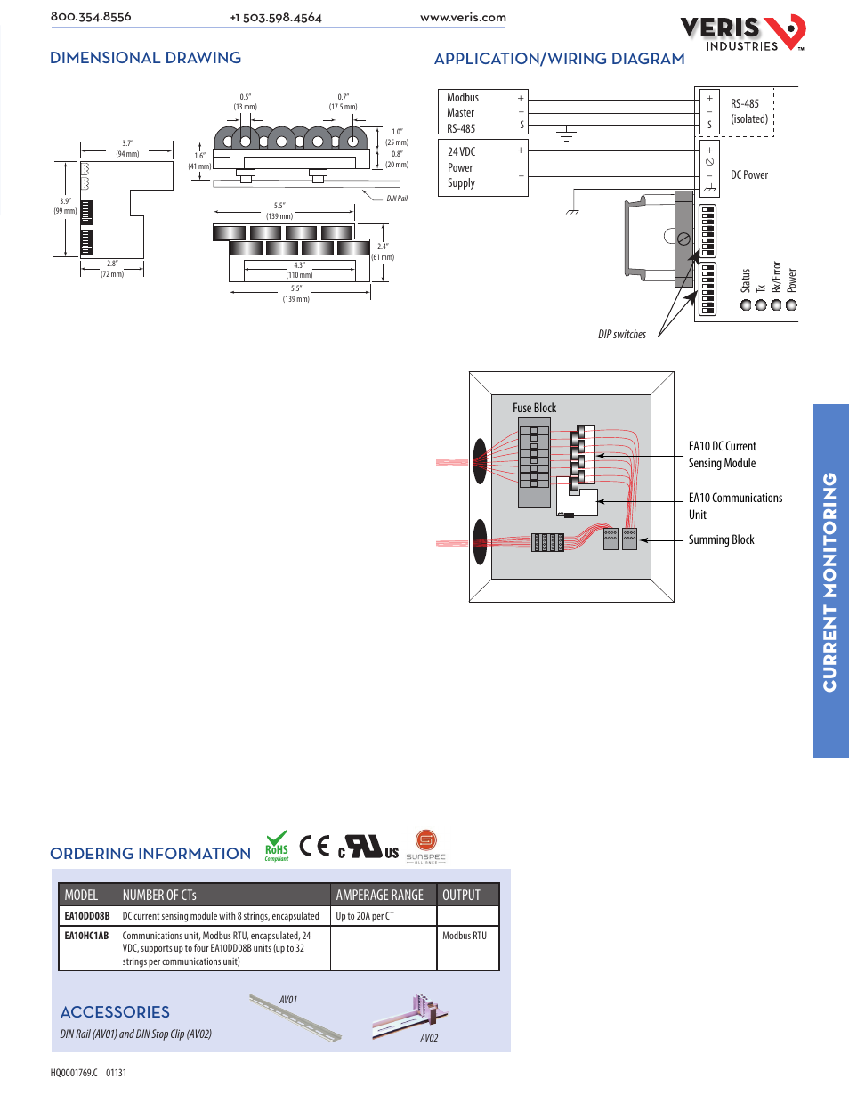 Current monit oring, Model number of cts amperage range output | Veris Industries EA10 SERIES Datasheet User Manual | Page 2 / 2
