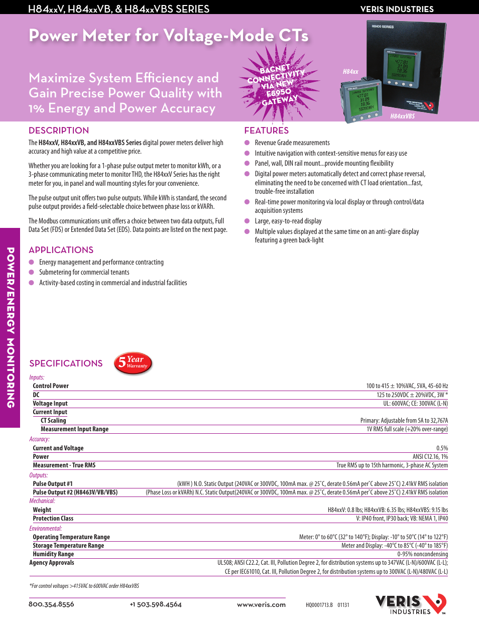 Veris Industries H84xxVBS SERIES Datasheet User Manual | 2 pages