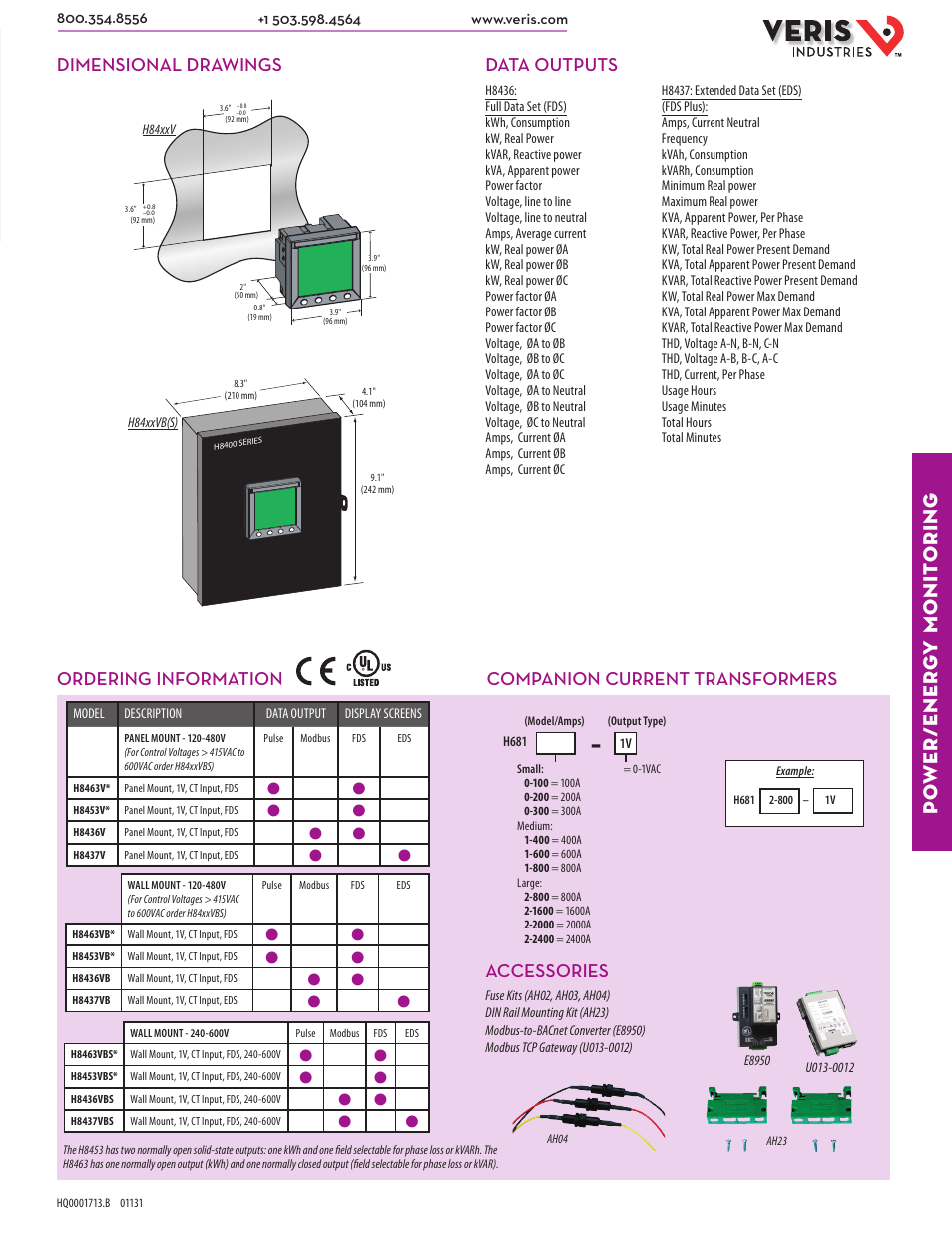 Po wer/ener g y monit oring, Companion current transformers, Dimensional drawings | Accessories, Data outputs ordering information | Veris Industries H84xxVBS SERIES Datasheet User Manual | Page 2 / 2