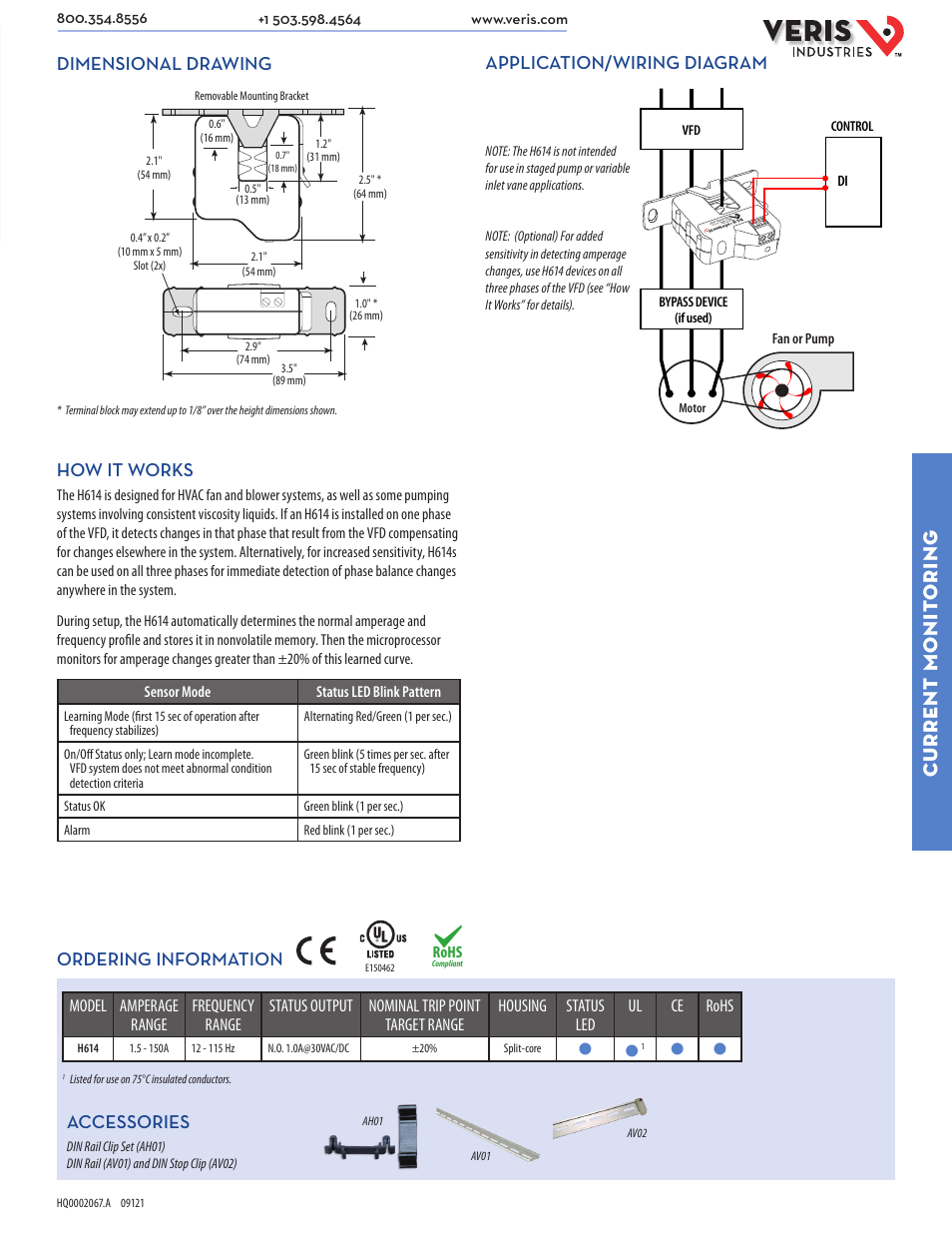 Current monit oring, How it works, Dimensional drawing | Application/wiring diagram, Ordering information, Accessories | Veris Industries H614 Datasheet User Manual | Page 2 / 2