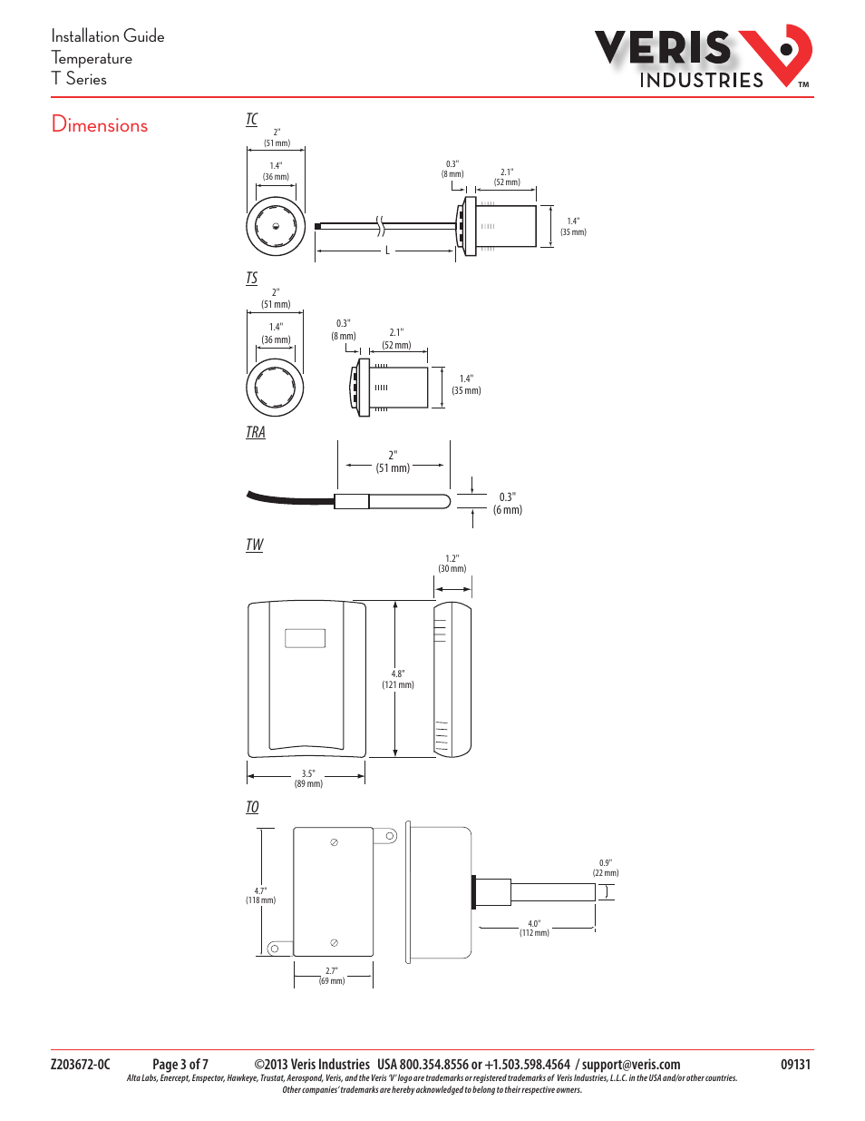 Dimensions, Installation guide temperature t series | Veris Industries T SERIES Install User Manual | Page 3 / 7