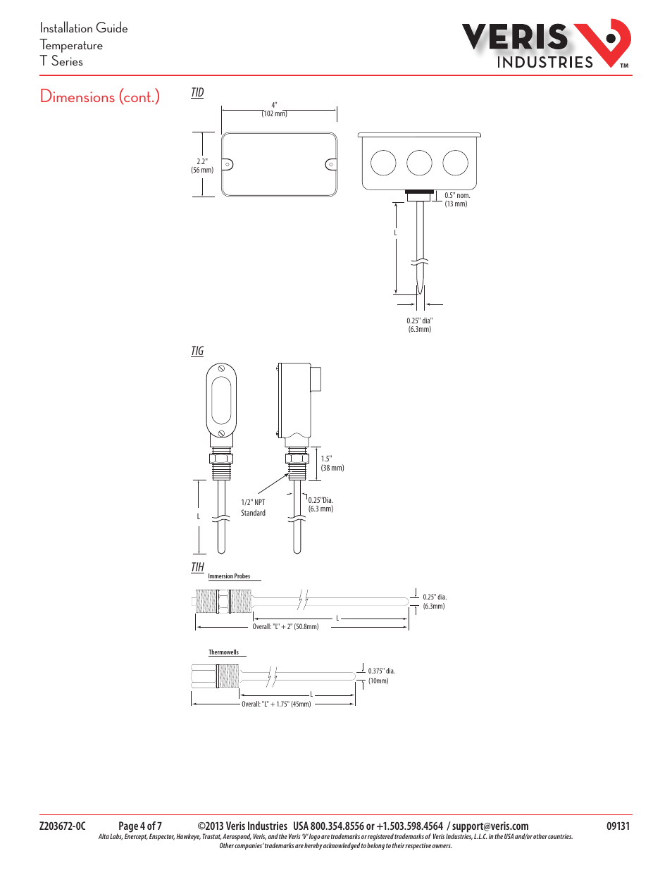 Dimensions (cont.), Installation guide temperature t series | Veris Industries T SERIES Install User Manual | Page 4 / 7