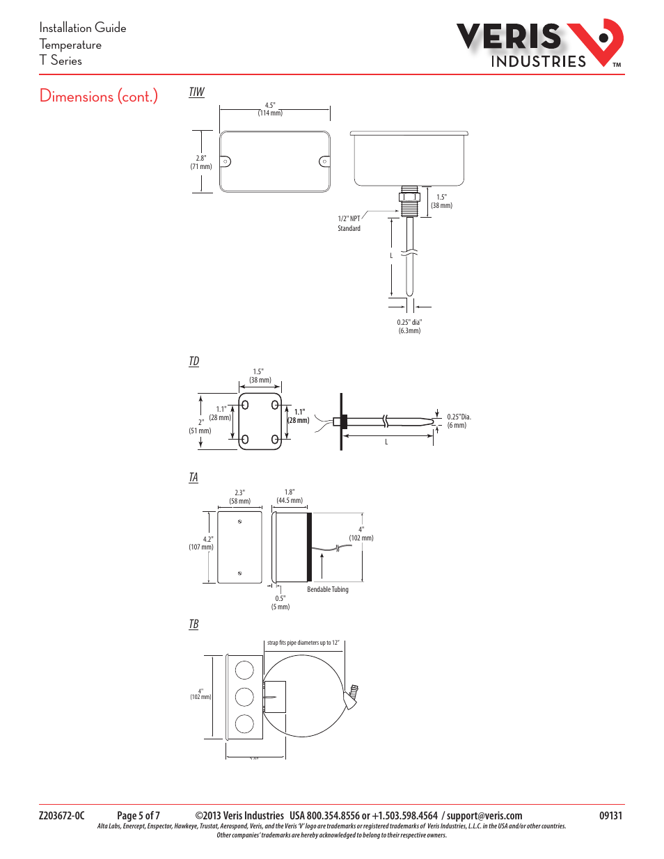 Dimensions (cont.), Installation guide temperature t series | Veris Industries T SERIES Install User Manual | Page 5 / 7