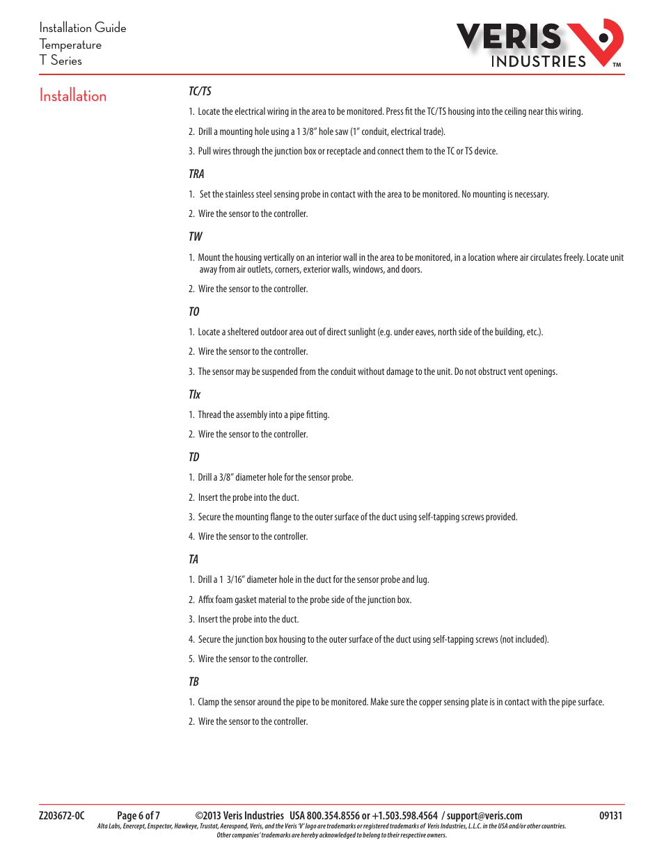 Installation, Installation guide temperature t series | Veris Industries T SERIES Install User Manual | Page 6 / 7