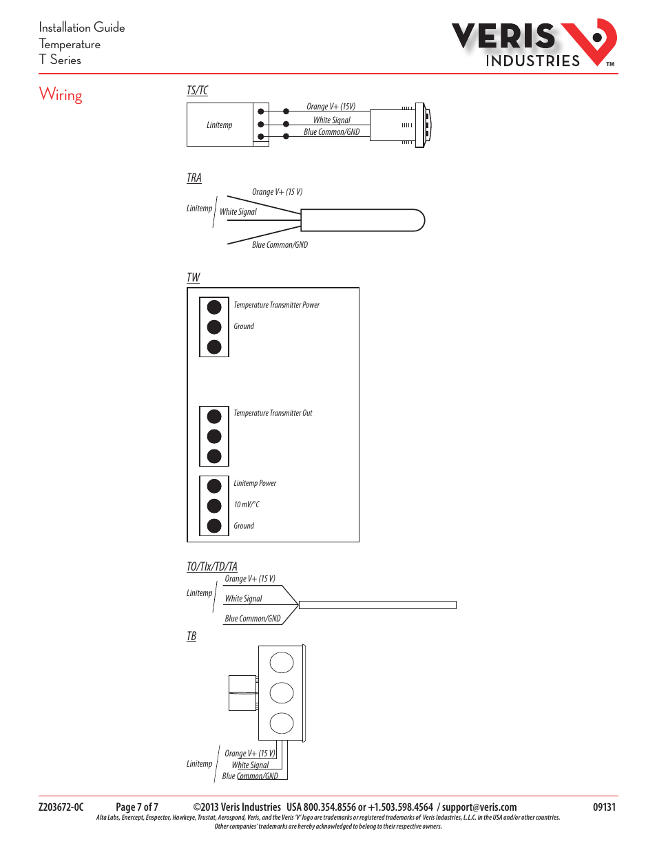 Wiring, Installation guide temperature t series | Veris Industries T SERIES Install User Manual | Page 7 / 7