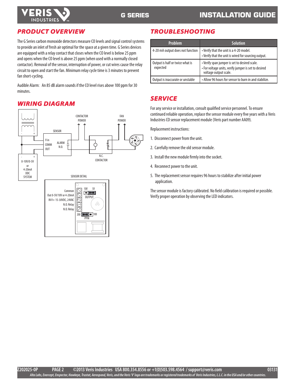 Installation guide, Product overview, Wiring diagram | Troubleshooting, Service, G series | Veris Industries G SERIES Install User Manual | Page 2 / 2