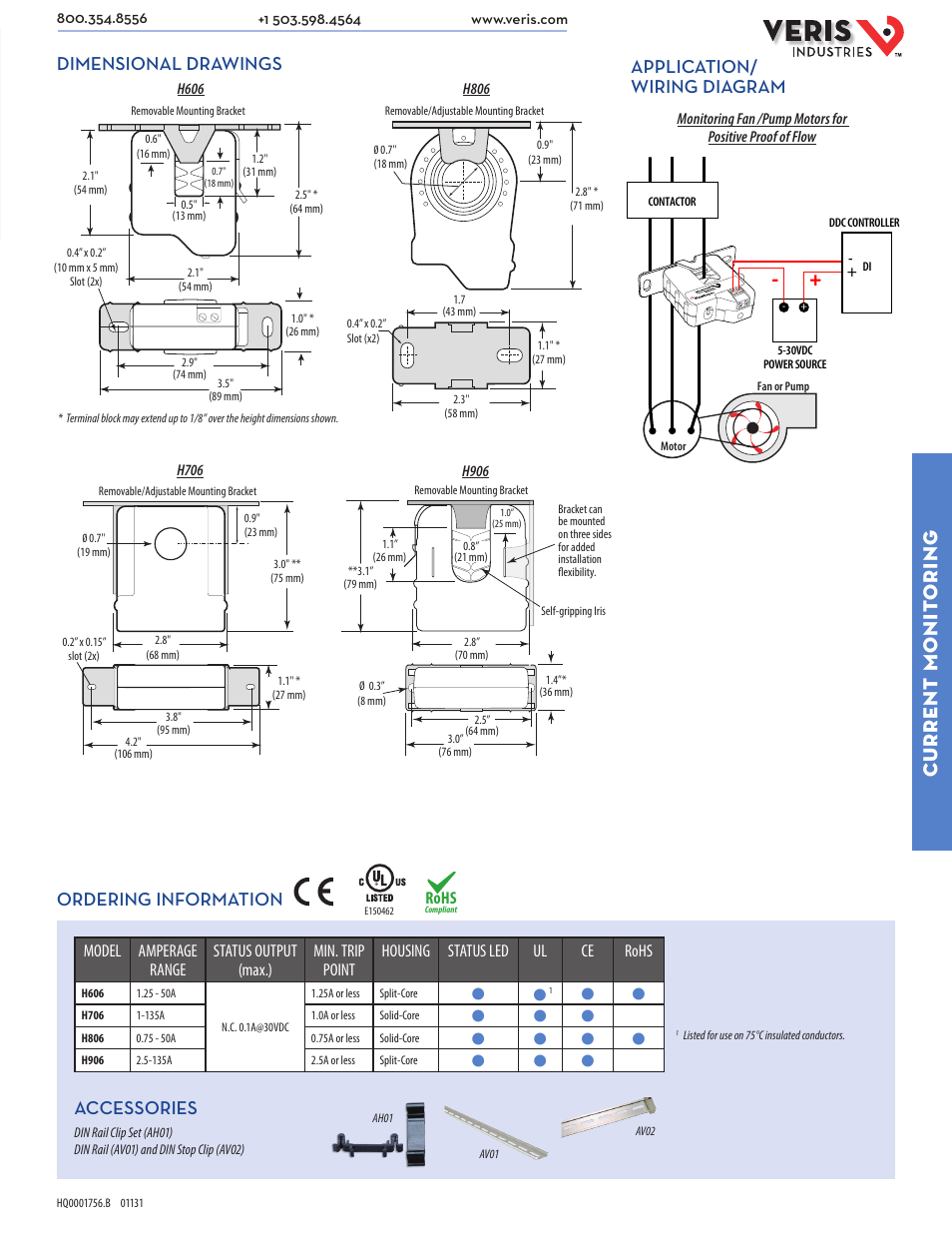 Current monit oring, Dimensional drawings ordering information, Application/ wiring diagram | Accessories, Rohs | Veris Industries Hx06 SERIES Datasheet User Manual | Page 2 / 2