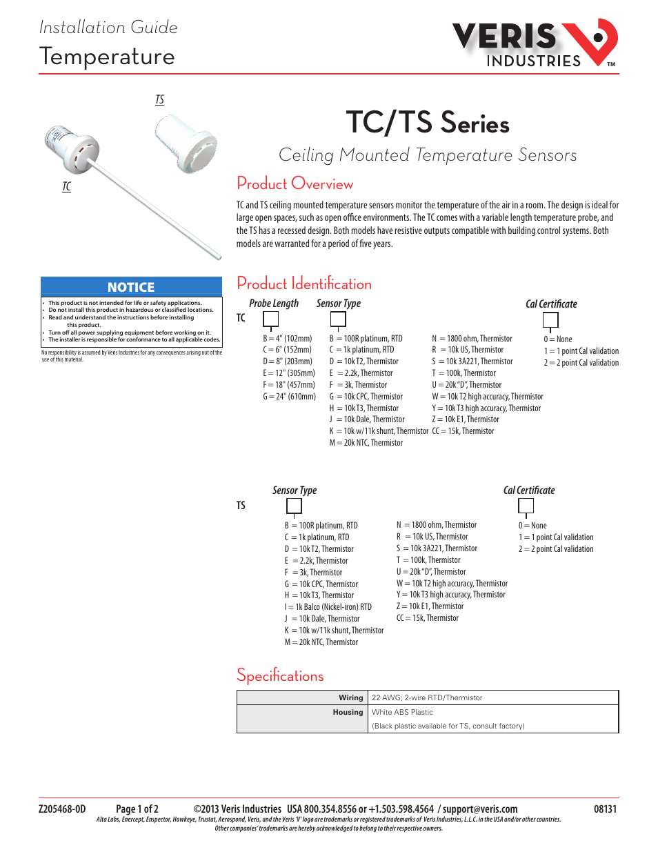Veris Industries TC SERIES Install User Manual | 2 pages
