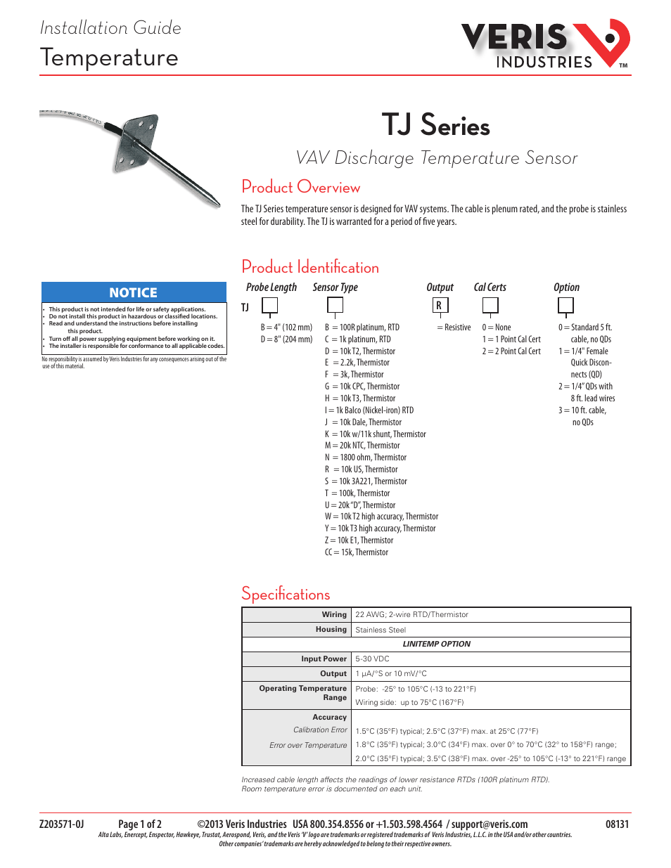 Veris Industries TJ SERIES Install User Manual | 2 pages