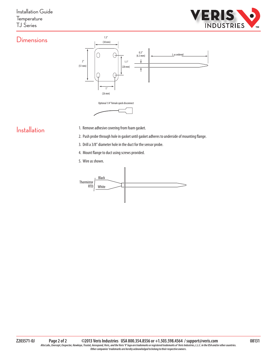 Dimensions, Installation, Installation guide temperature tj series | Veris Industries TJ SERIES Install User Manual | Page 2 / 2