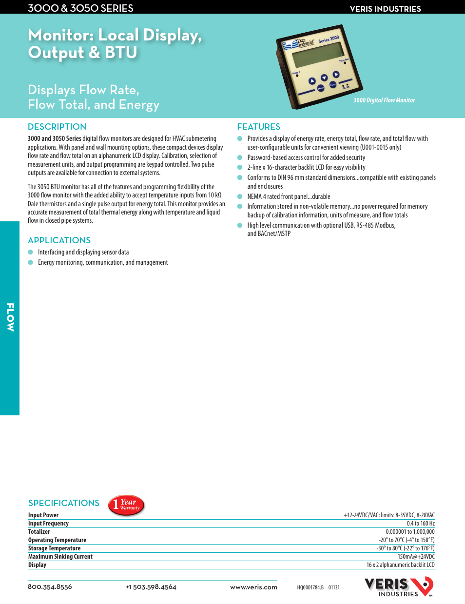 Veris Industries 3050 SERIES Datasheet User Manual | 2 pages