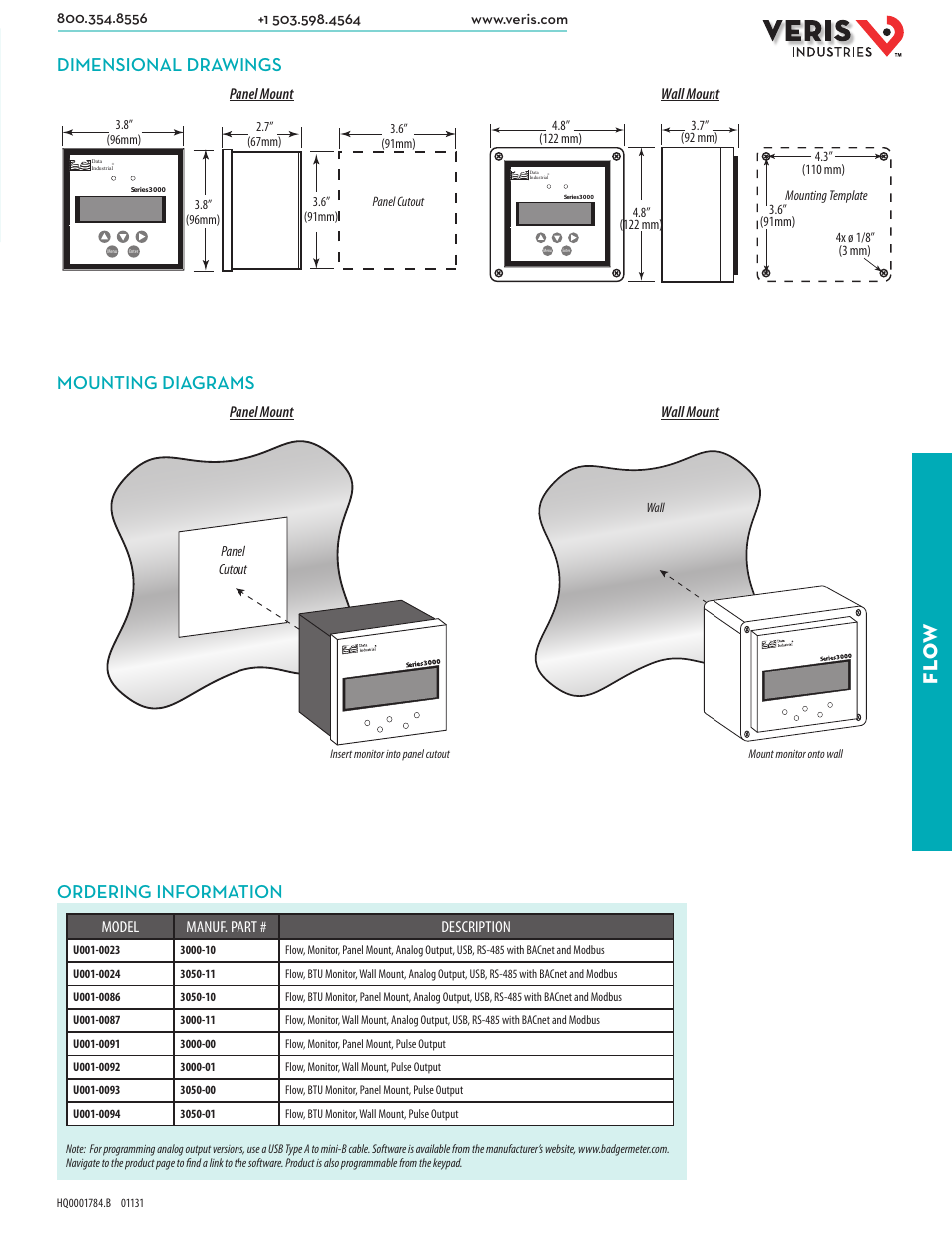 Fl ow, Dimensional drawings, Ordering information | Mounting diagrams, Model manuf. part # description | Veris Industries 3050 SERIES Datasheet User Manual | Page 2 / 2