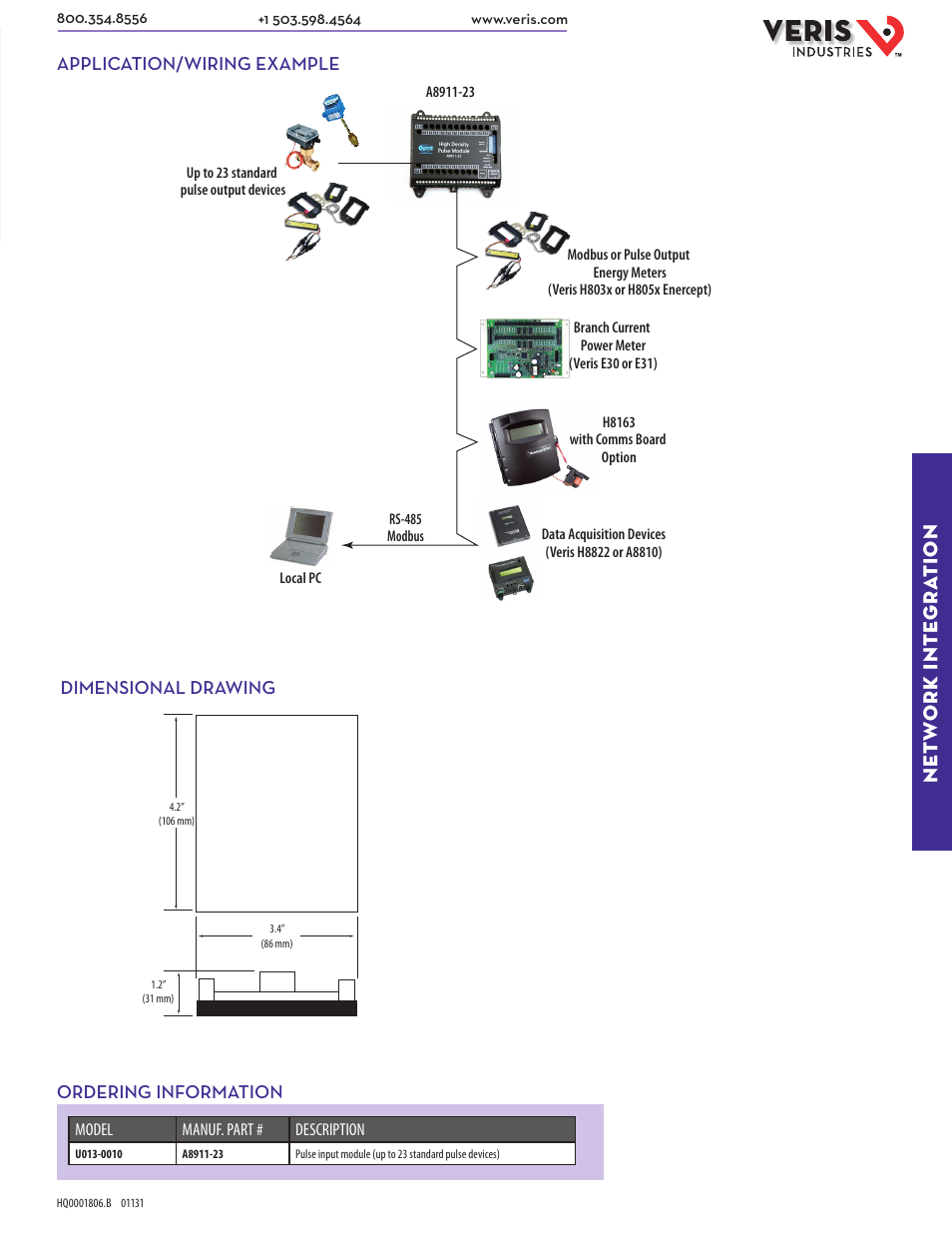 Net w ork inte gra tion | Veris Industries A8911–23 Datasheet User Manual | Page 2 / 2