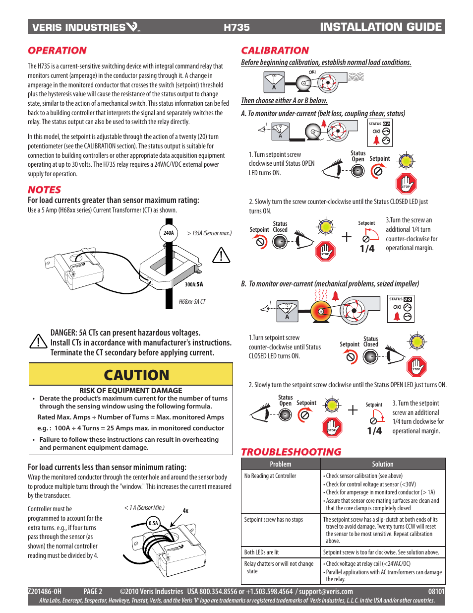 Caution, Installation guide, Operation | Calibration, Veris industries, H735, For load currents less than sensor minimum rating | Veris Industries H735 Install User Manual | Page 2 / 2