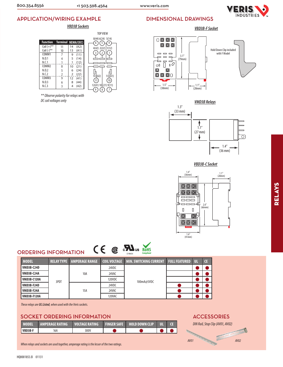 Rel ay s, Dimensional drawings, Application/wiring example | Rohs | Veris Industries VMD3B SERIES Datasheet User Manual | Page 2 / 2
