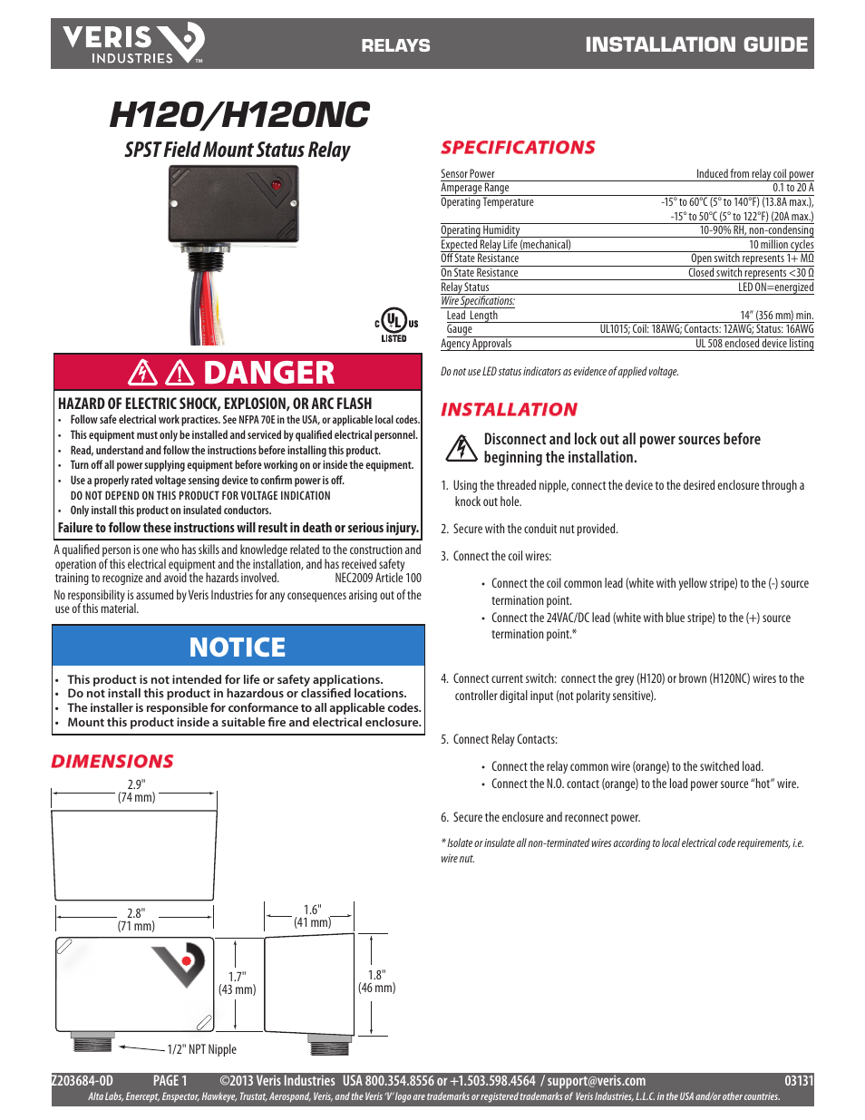 Veris Industries H120NC Install User Manual | 2 pages